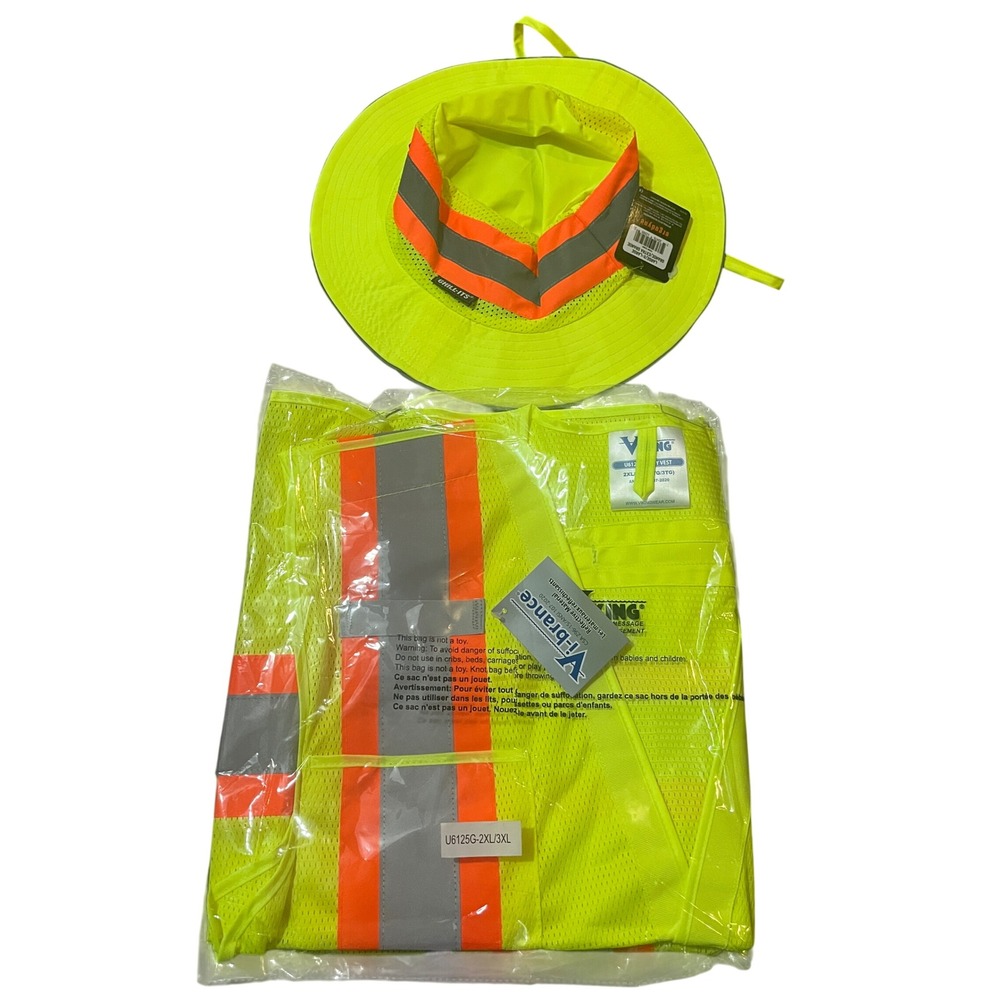 Vi-brance Safety Vest 2XL/3XL & Chill-Its Sun Hat L/XL Hi-Vis Lime Set NEW